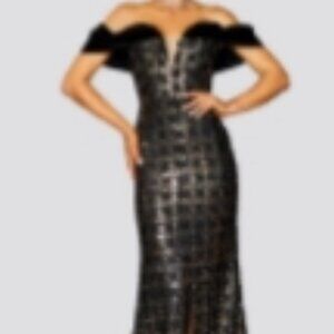 Black and Gold Sequins with Velvet Off Shoulder Formal